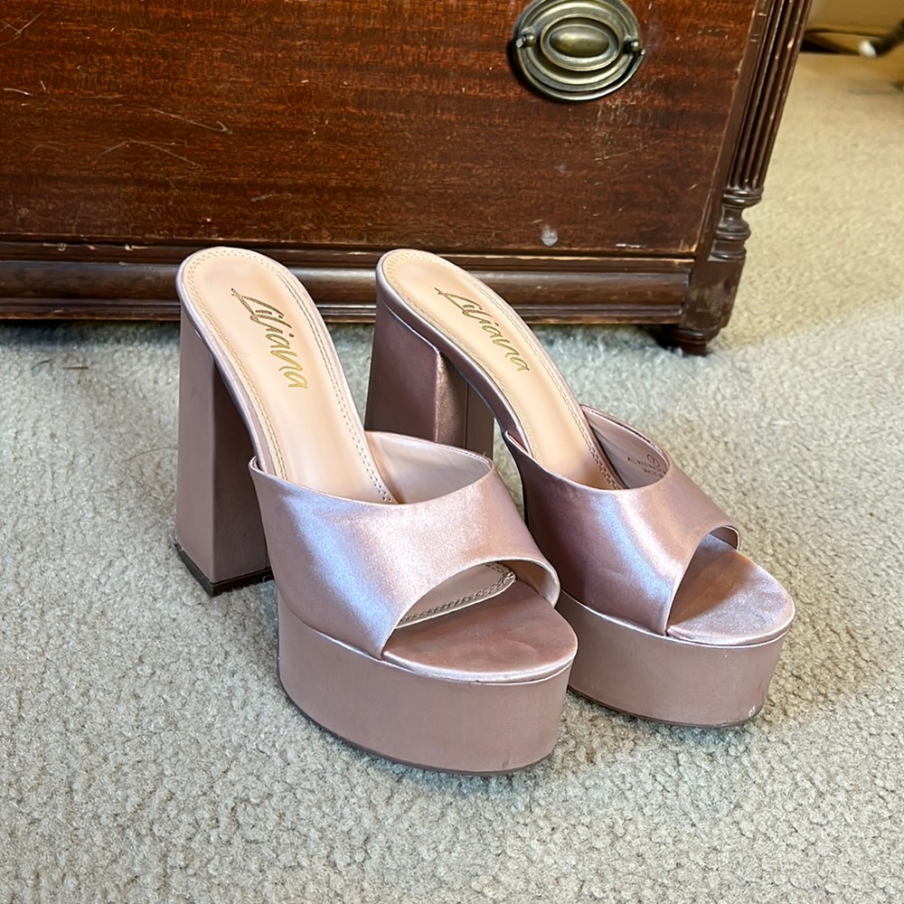 Baby pink satin platform heels